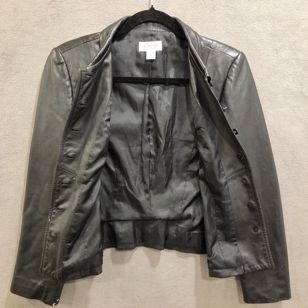 Talbots Black Leather Button Front Blazer Jacket Women's Size 6P Office Classic